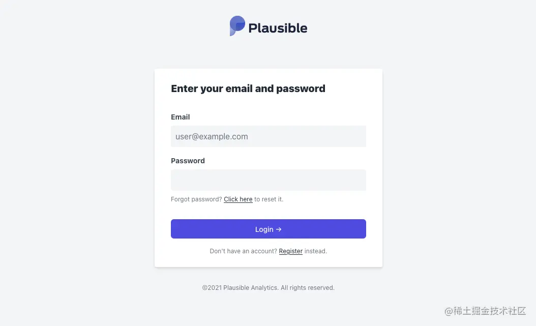 A screenshot of the Plausible login page, with 'Email' and 'Password' textboxes