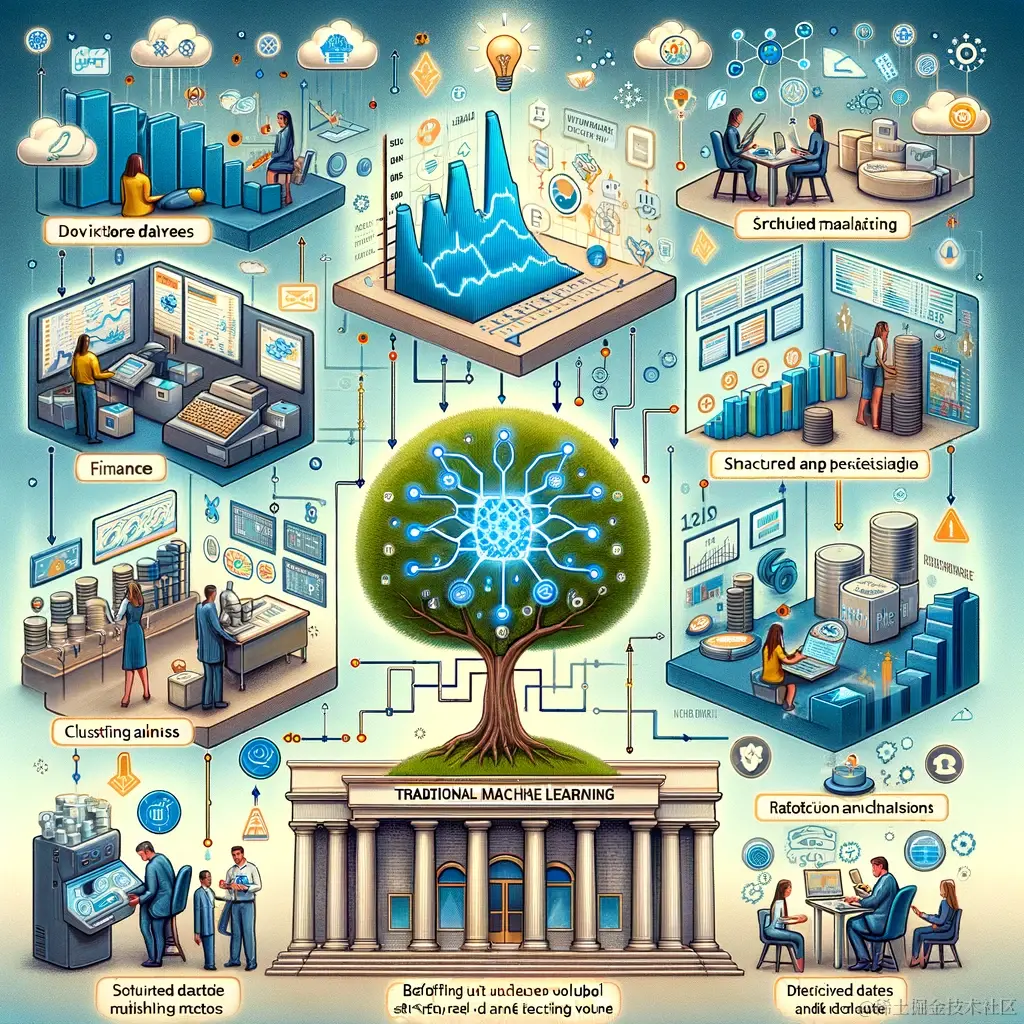 DALL·E 2023-12-15 14.48.08 - An illustration highlighting the development of traditional machine learning methods, benefiting from the increase in data volume but relying on more .png