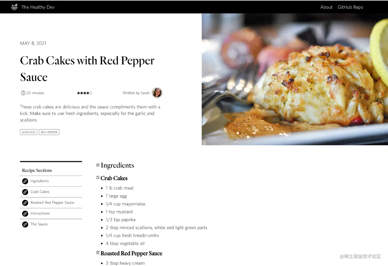 A recipe page for crab cakes with red pepper. The recipe directions and ingredients are noted on the left and a featured image of the finished dish on the right.