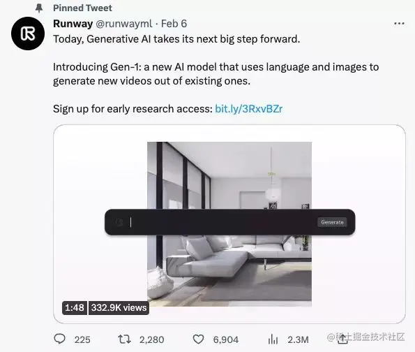 Runway Twitter 官宣 Gen-1