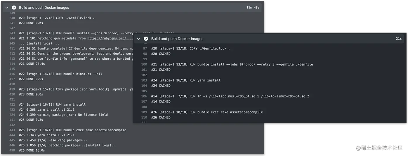 Building a Docker image on the CI before and after adding a cache