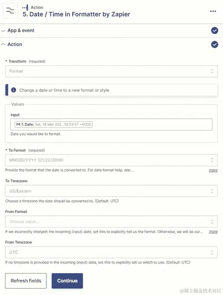 图 14.8 – ﻿使用 Formatter by Zapier 日期/时间操作事件来更改 GMT 日期/时间的格式和时区的概述