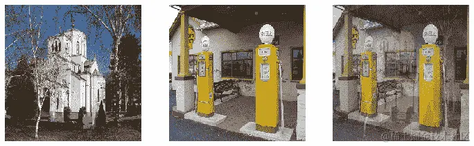 一座教堂、一个加油站和两者混合的图像。