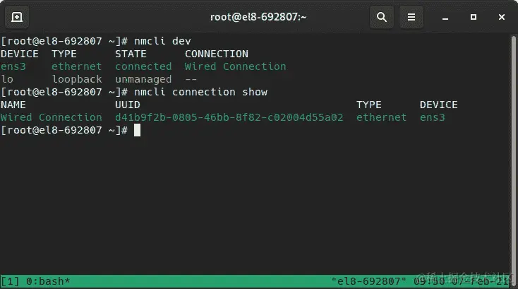 图 6.7 – nmcli dev 和 nmcli con show