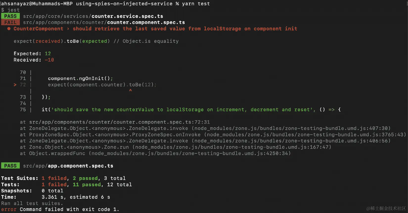 图 10.8 – 'using-spies-on-injected-service'项目的单元测试失败