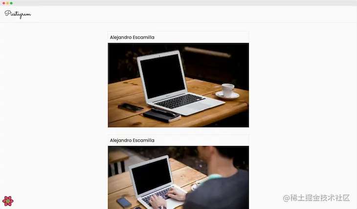 Final React Query Scrolling Feed Layout, Shows Heading, Two Photos, Each With A Title And The Author Of Each Post