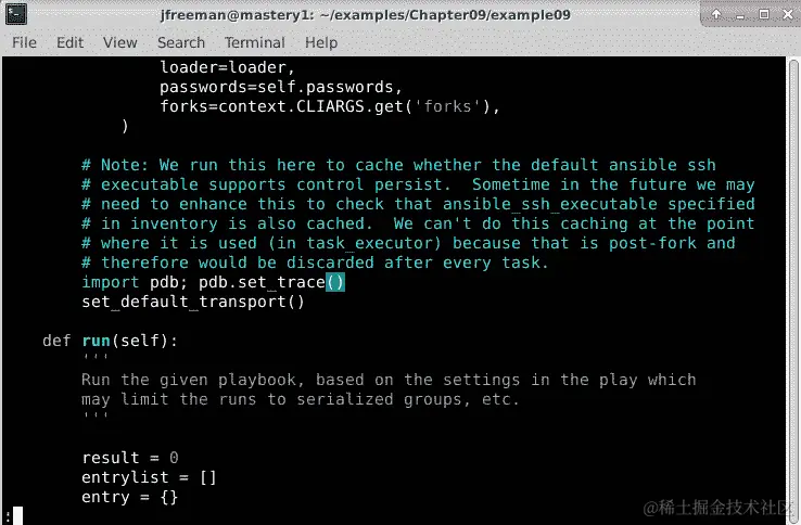 图 9.15-将 Python 调试器插入到 Ansible playbook 执行器代码中