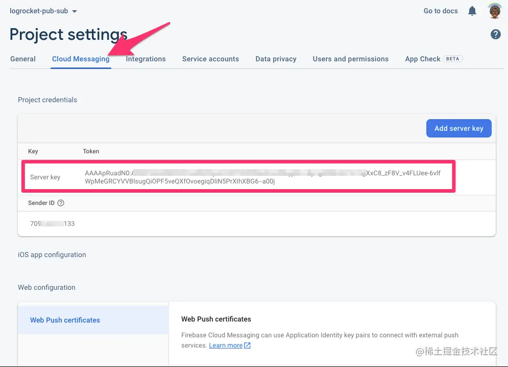 Screenshot of highlighted server key in Firebase project settings