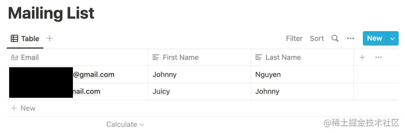 Notion table database titled "Mailing List" with fields Email, First Name, and Last Name. There are two entries