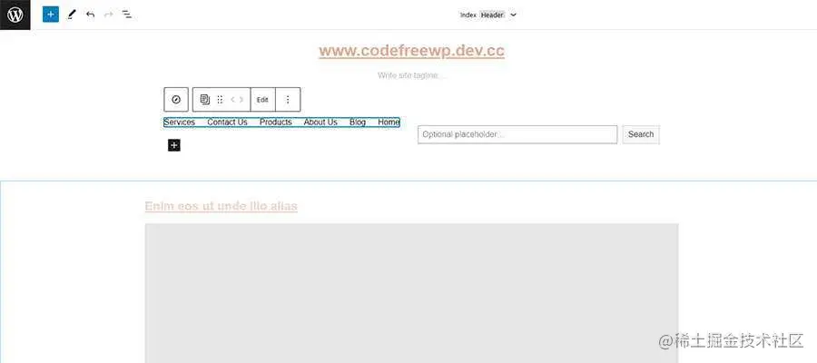 Changing a website header with WordPress Full Site Editing.