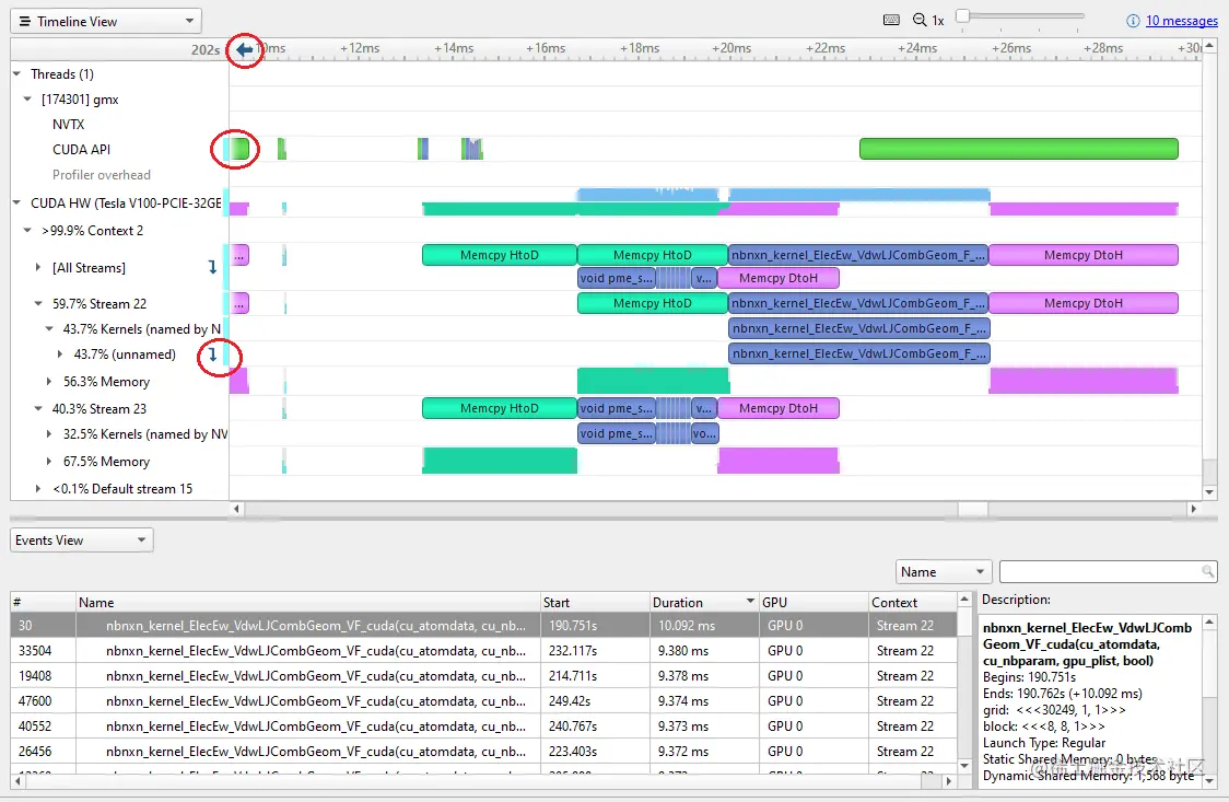 Screenshot shows selecting a kernel from the Events View of the GROMACS 2019 run reveals its location on the timeline.