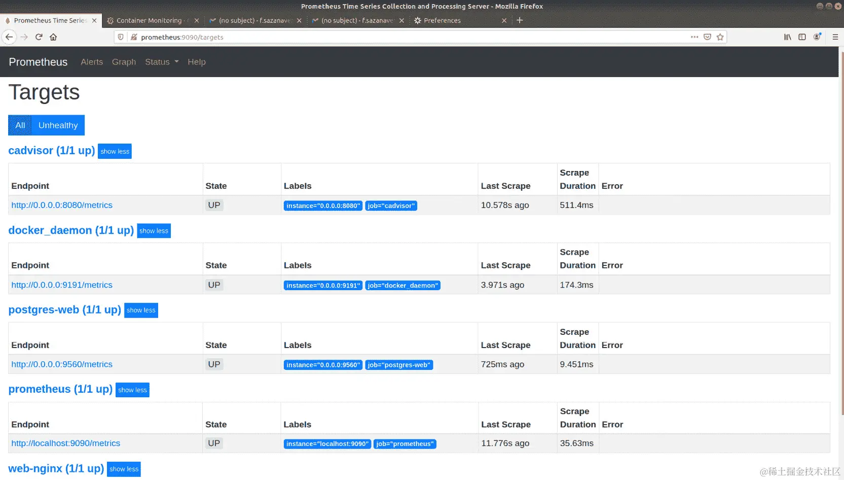 图 13.25：在 Prometheus 上显示的新 postgres-web 目标页面