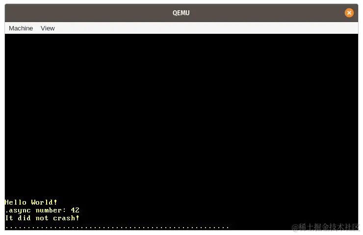 QEMU printing “Hello World”, “async number: 42”, and “It did not crash!”
