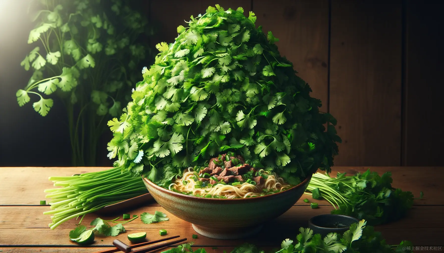 DALL·E 2023-12-23 17.33.24 - Visualize a bowl of beef noodles that is absolutely covered in cilantro, to the point where the cilantro is piled high above the rim of the bowl. The .png
