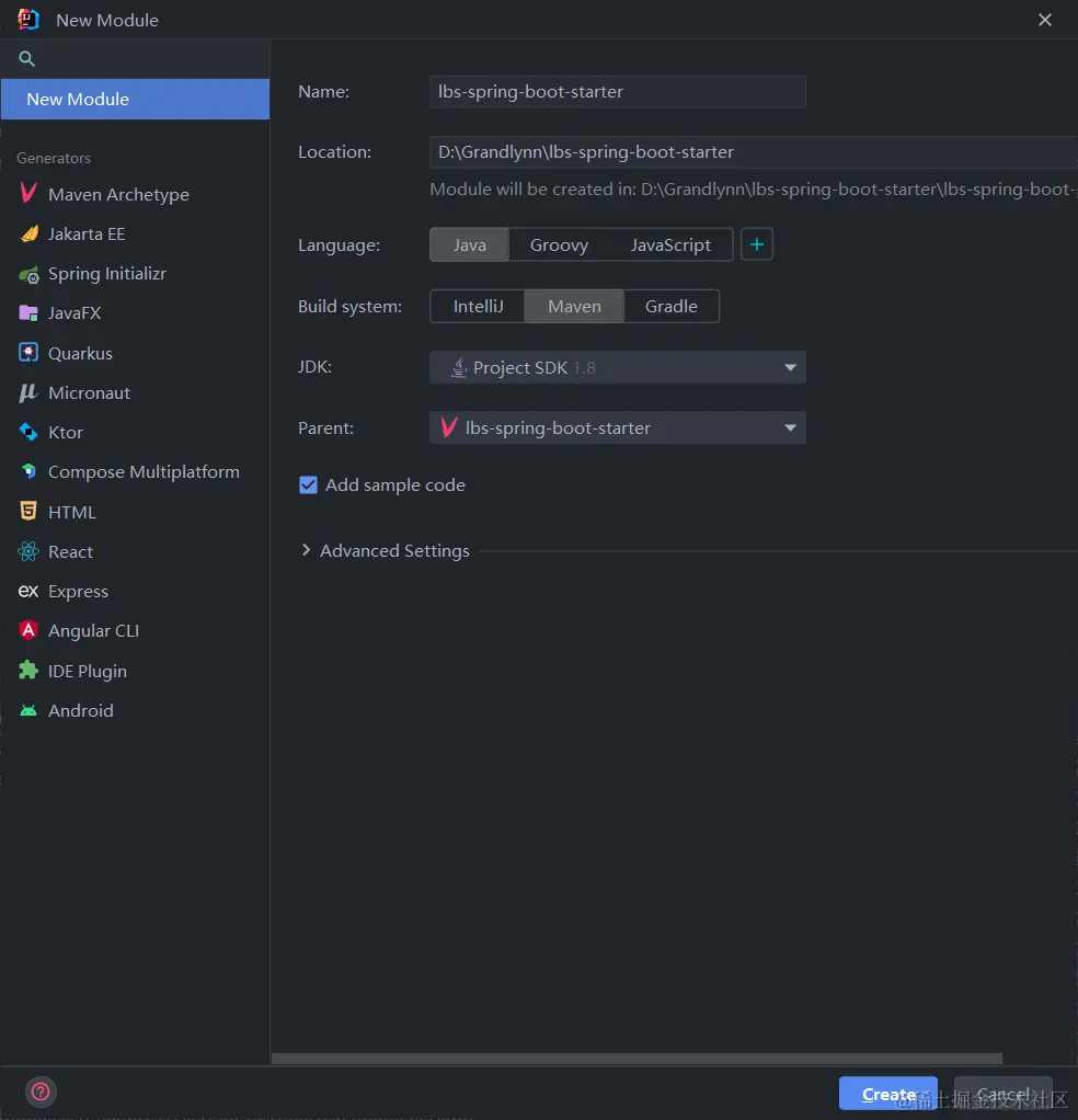 创建 lbs-spring-boot-starter Module