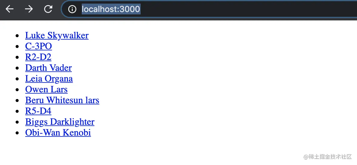 Screenshot of web app showing a list of clickable Star Wars character names