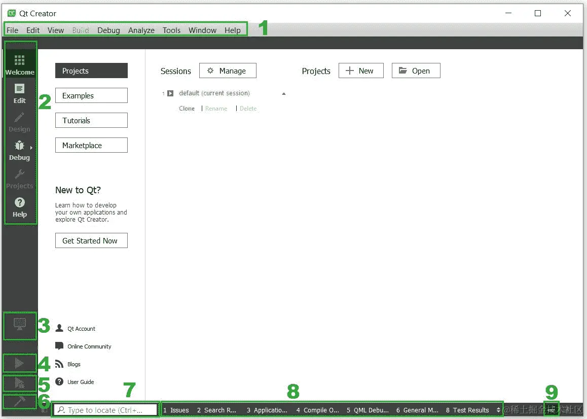 图 2.1 – Qt Creator 界面