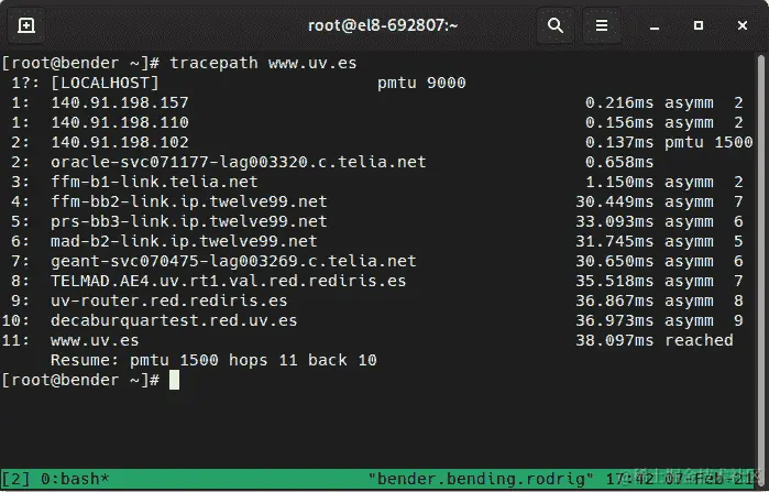 图 6.17 - 对西班牙瓦伦西亚大学网站的 tracepath 命令的输出