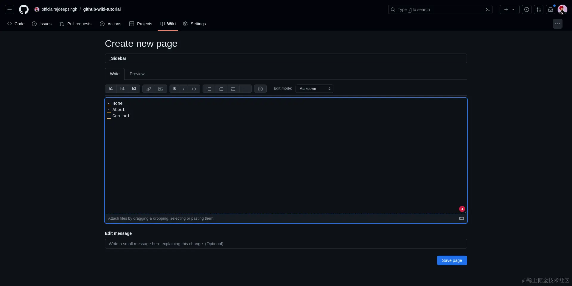 在 GitHub wiki 中创建 _Sidebar.md 文件。