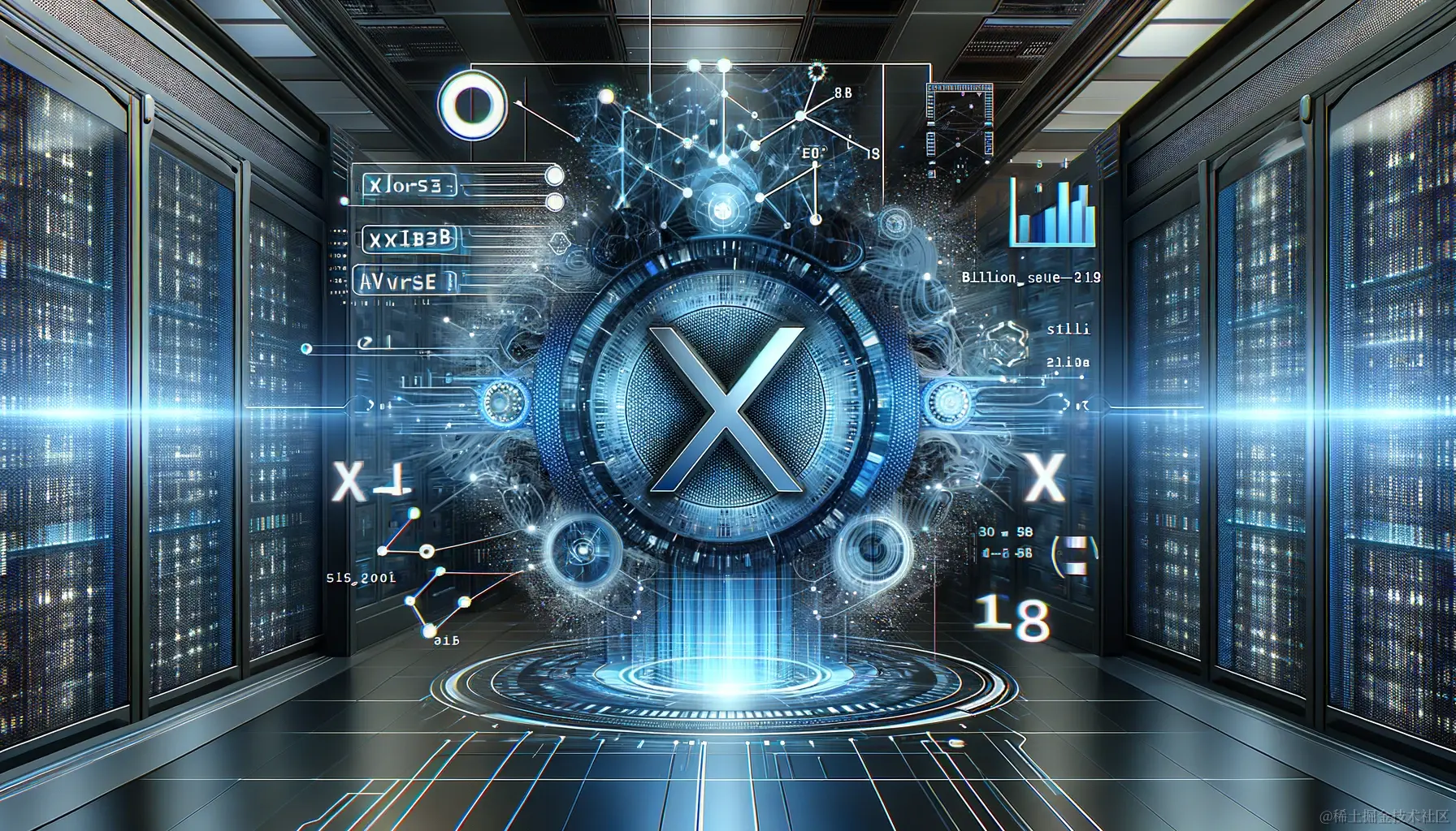 DALL·E 2023-11-23 17.51.47 - Illustrate the XVERSE-13B AI model in a futuristic setting, featuring elements symbolizing advanced artificial intelligence and machine learning. The .png