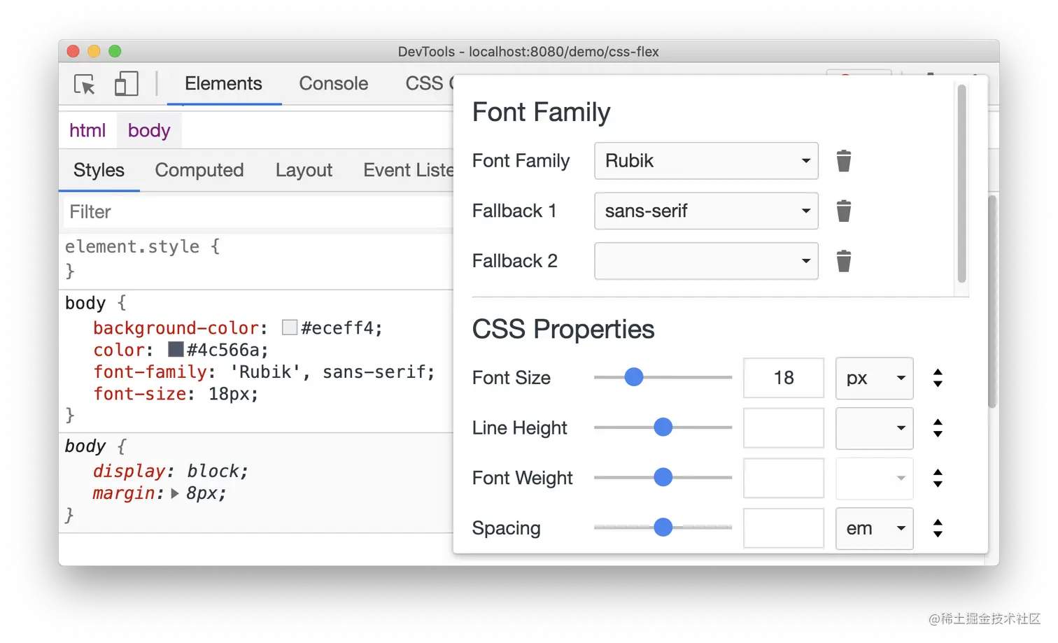 Font editor in the Styles pane