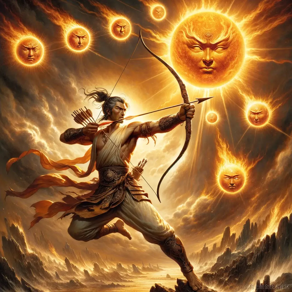 DALL·E 2024-01-24 17.26.06 - A dramatic and heroic depiction of the Chinese myth of Hou Yi shooting the suns. In this image, Hou Yi is portrayed as a valiant archer, standing with.png