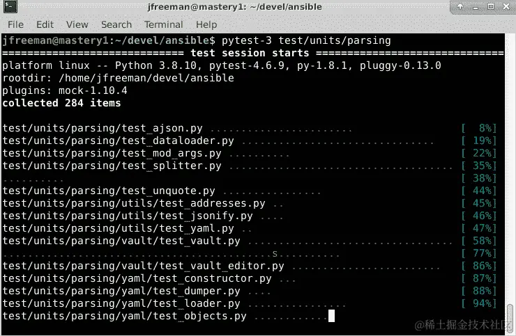 图 10.16 - 使用 Python 3 的 pytest 工具运行 ansible-core 源代码中包含的解析单元测试