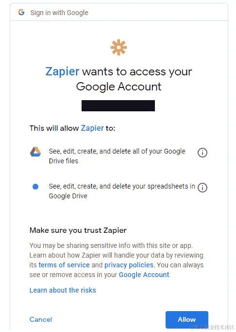 图 3.9 – Google 批准页面以确认允许 Zapier 访问应用程序