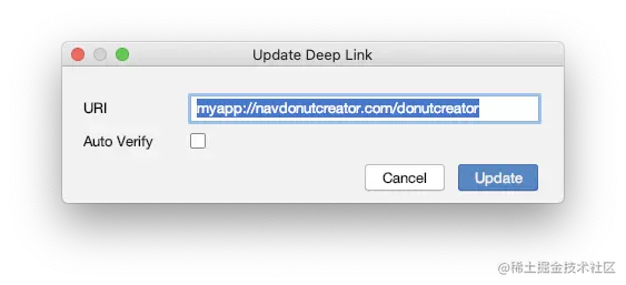 创建一个新的深层链接会打开一个对话框，您可以在这输入一个跳转到该目的地的深层链接 URI