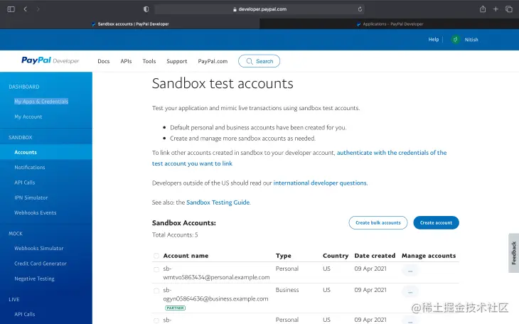 Sandbox Test Accounts Page