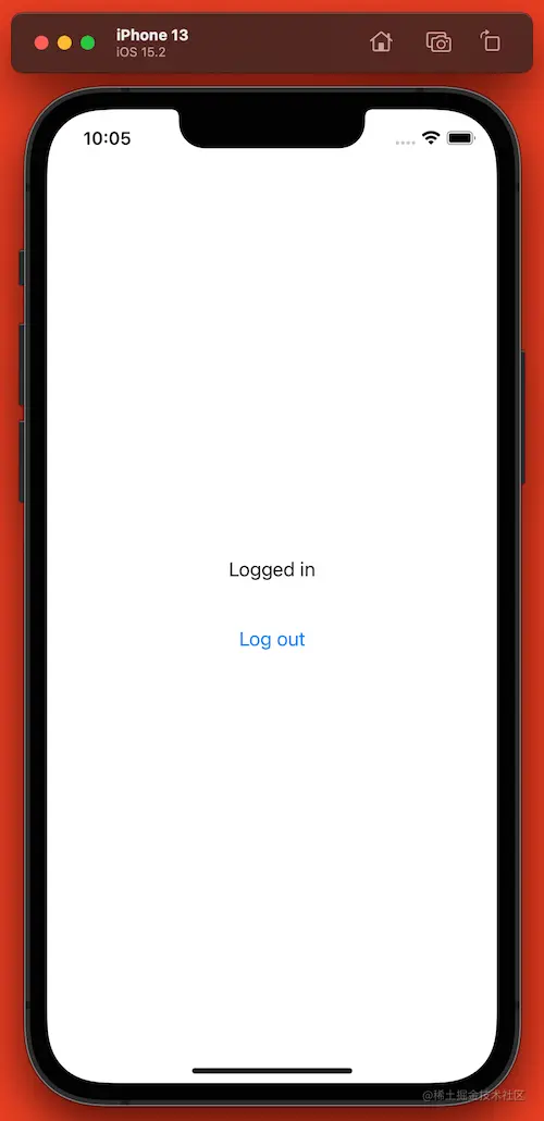 The app’s “Logged in” screen, featuring the text “Logged in” and a “Log out” button.