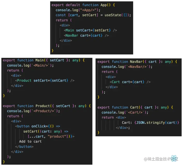 a screenshot of three components in React that make up the code for a shopping cart.