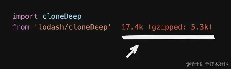 Screenshot of the import cost of 'lodash/cloneDeep' at 5.3kb gzipped