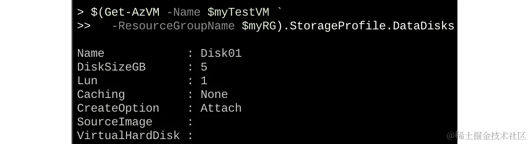 表示磁盘 StorageProfile 的名称、大小和 LUN 的输出。
