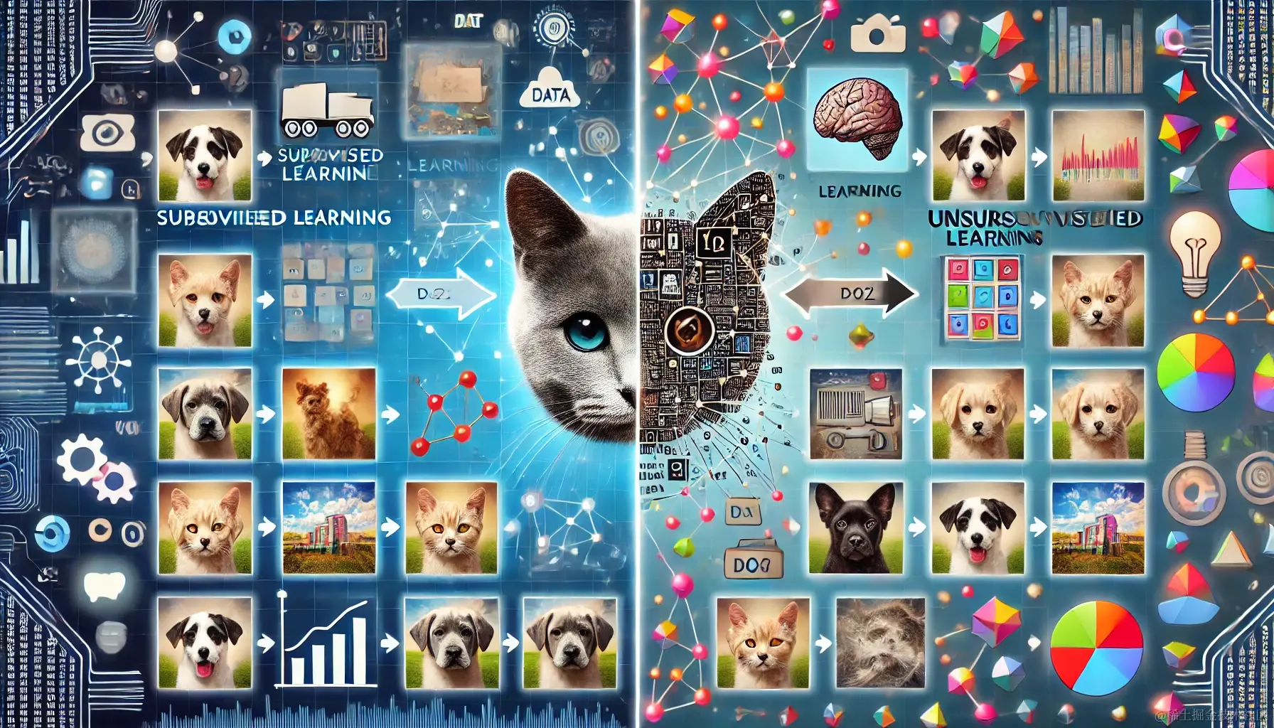 DALL·E 2024-07-03 22.43.25 - A split illustration showing the contrast between supervised learning and unsupervised learning in machine learning. On the left side, supervised lear.webp