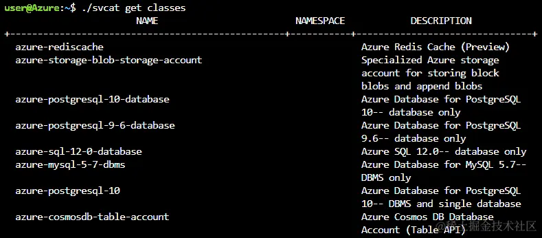使用./svcat get classes 命令可以获取（裁剪后的）服务列表。在这里，您可以看到名称以及描述。名称和描述之间的命名空间列为空白。