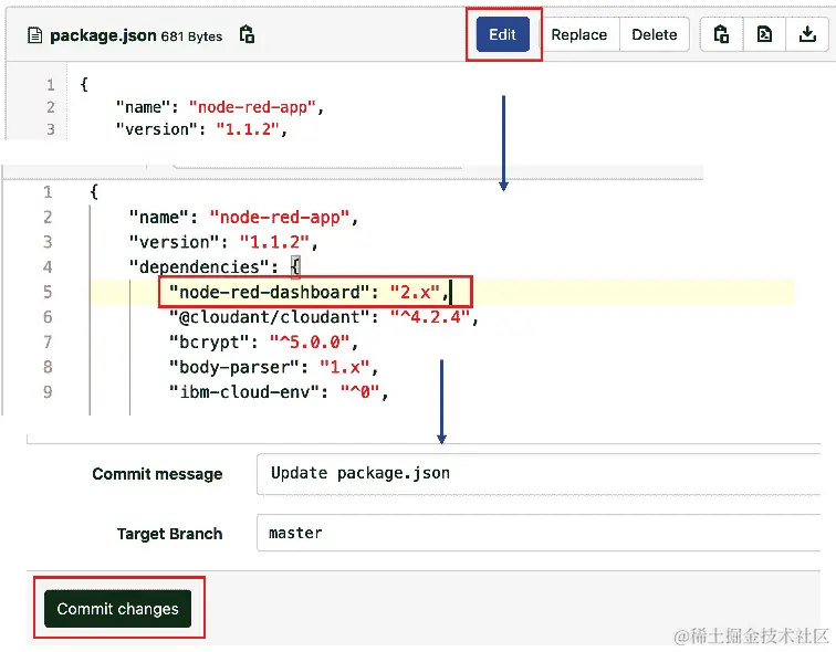 图 6.19 – 编辑 package.json 并添加 node-red-dashboard