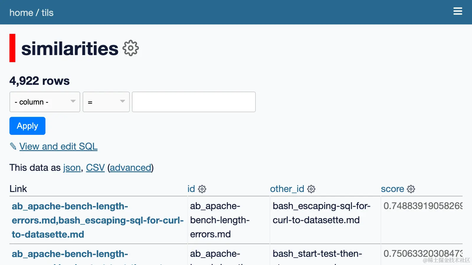 The similarities table has 4,922 rows each with an id, other_id and score column.