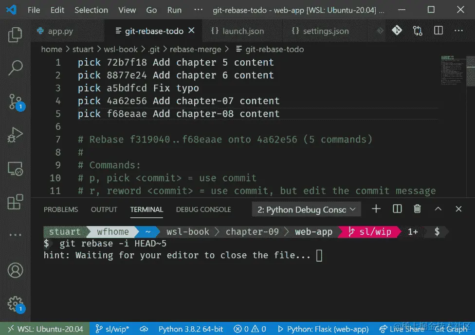 图 9.15 - 显示 Visual Studio Code 作为 WSL 的 Git 编辑器的屏幕截图