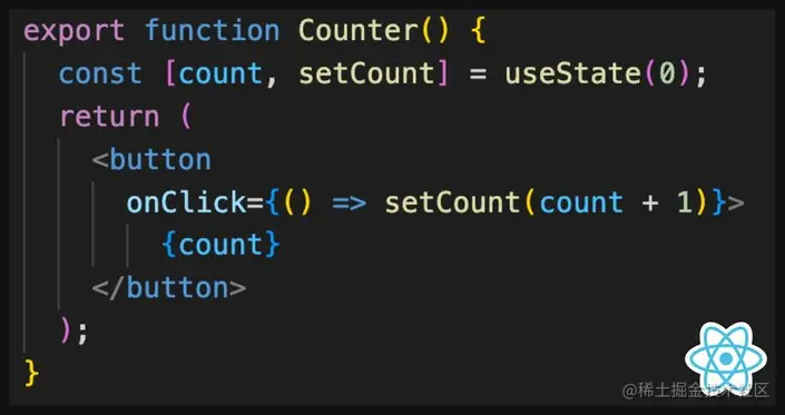Screenshot of a code example of a counter component in React.