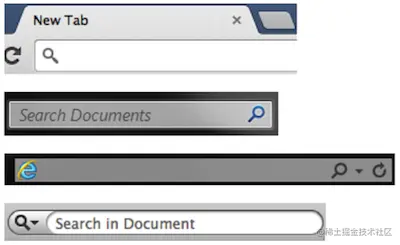应用程序中使用的搜索工具，显示放大镜图标位置的变化