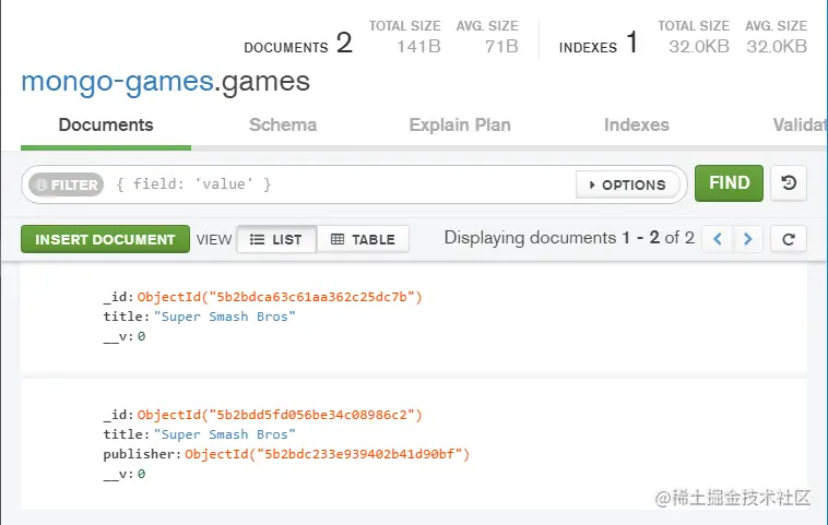 games in mongodb