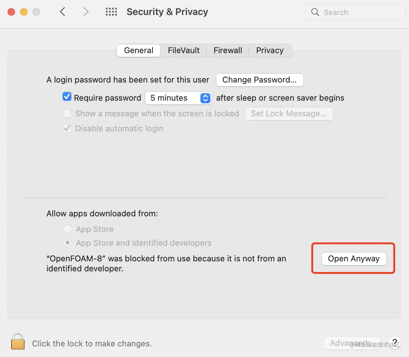 图6：在系统的安全&隐私管理里面允许运行OpenFOAMapp