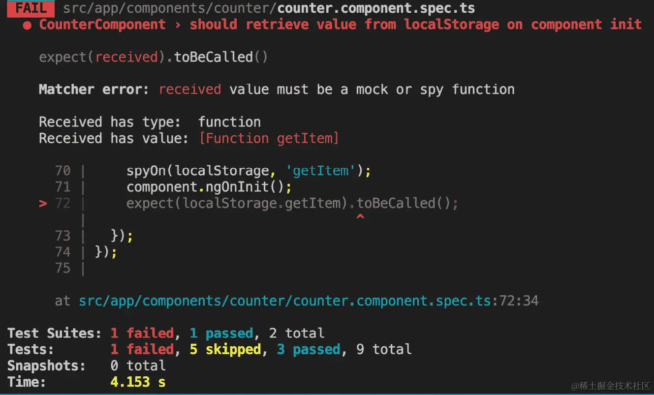 图 10.5 – 正在覆盖 localStorage API 的测试失败了