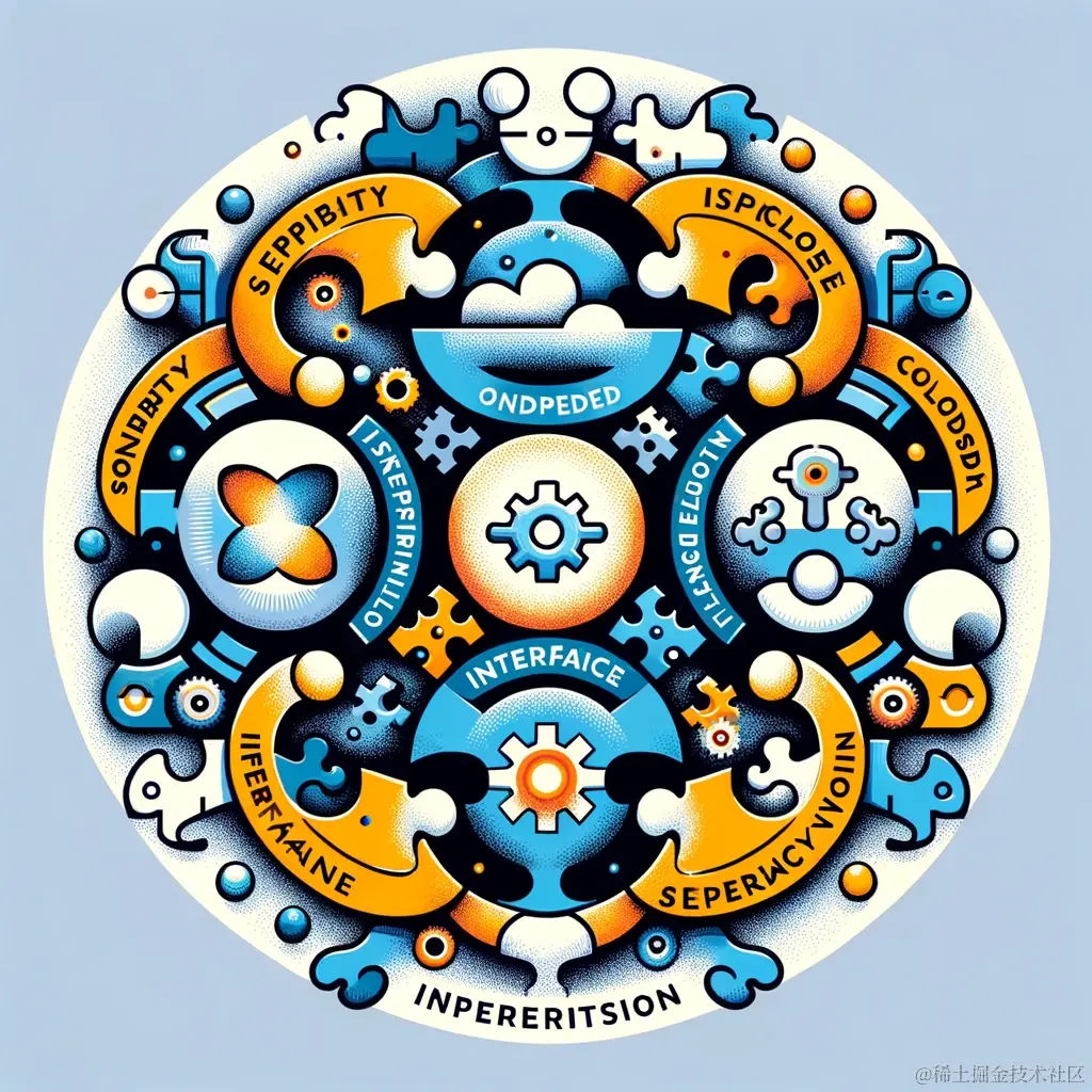 DALL·E 2023-11-12 17.39.52 - An abstract illustration representing the SOLID principles in software development. The image should feature five interconnected sections, each symbol.png