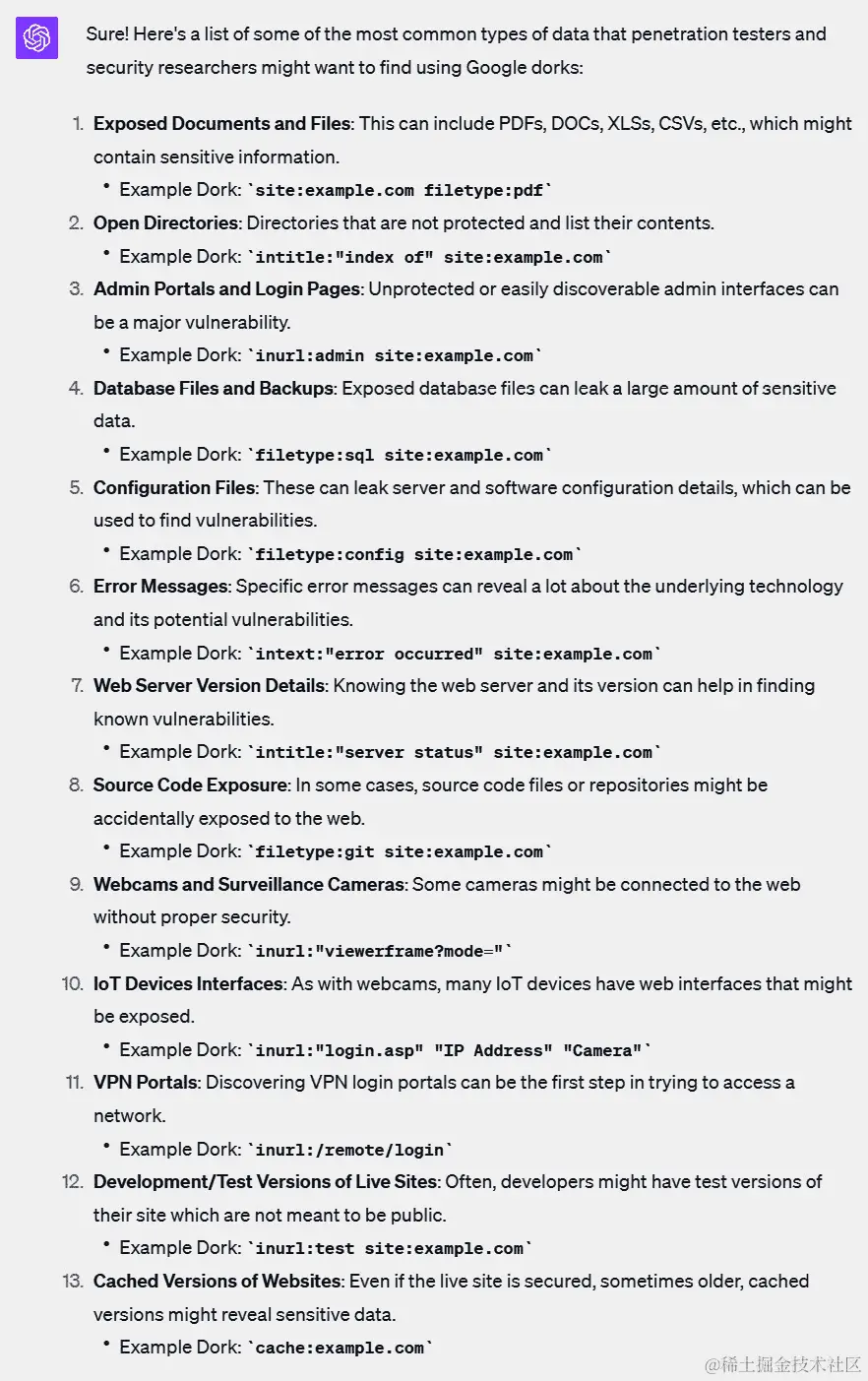 图 6.3 – Google Dorks 列表的示例 ChatGPT 输出