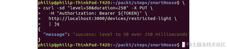 图 4.20：使用 JWT 成功向 restricted-light 发送 cURL 请求