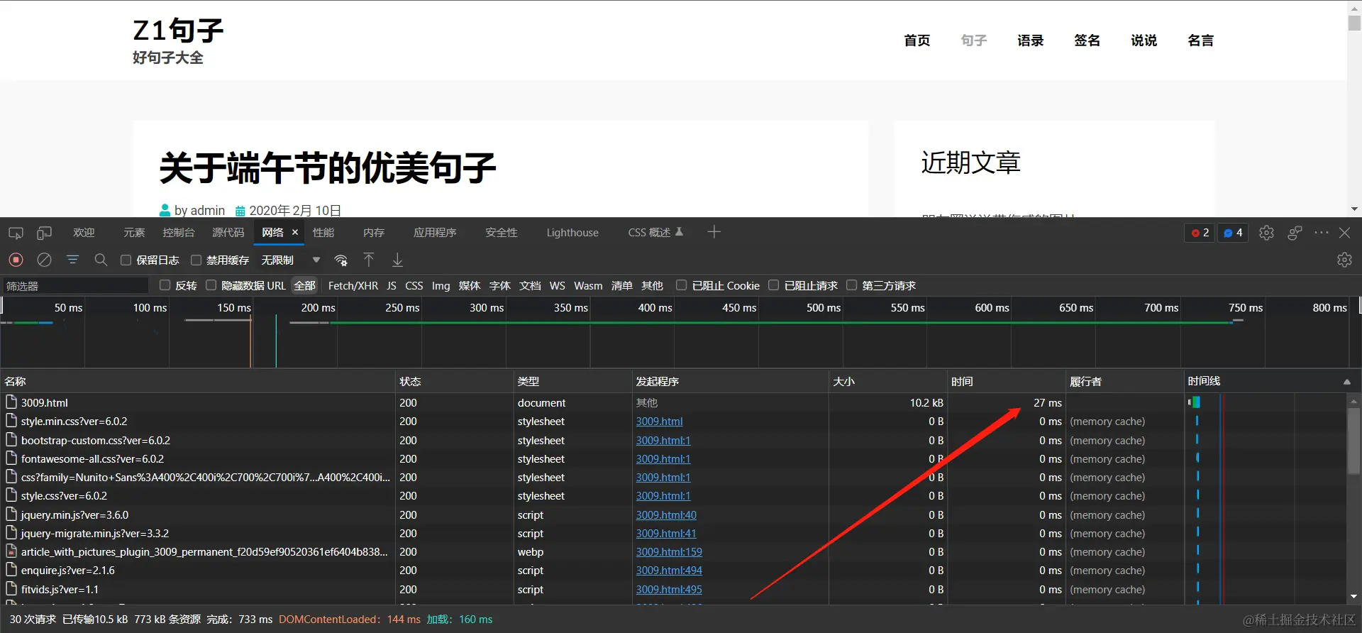 开启加速后的页面加载耗时