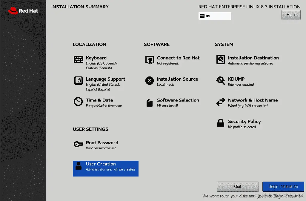 图 1.57 – RHEL8 安装 – 完成后的主菜单