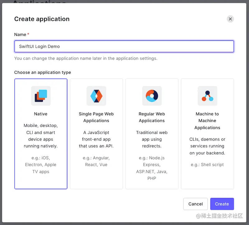The “Create application” dialog. The application’s name is set to “iOS Auth”, and the selected application type is “Native”.